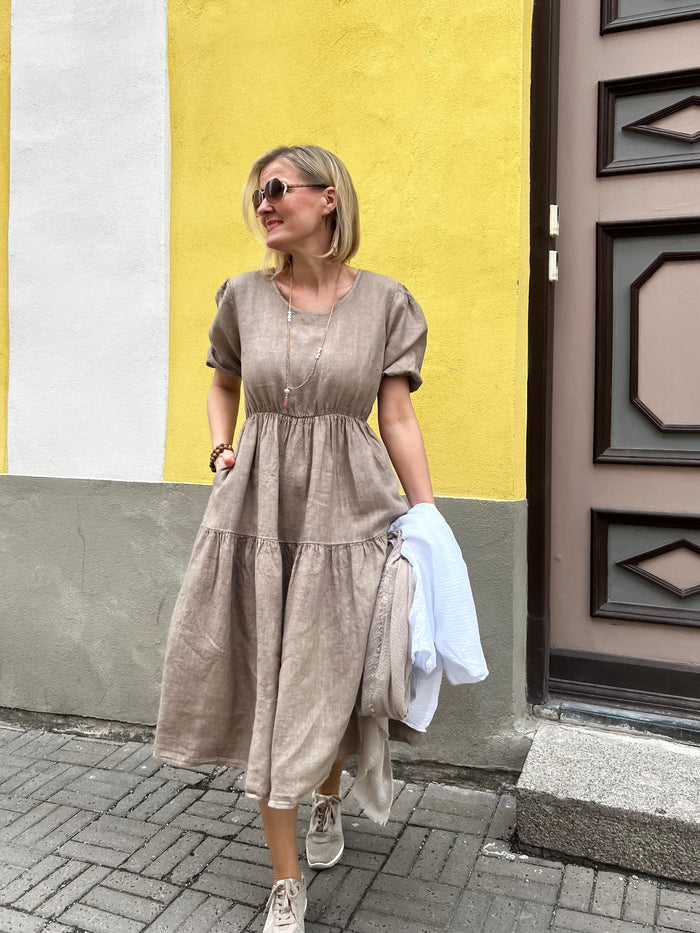taupe linen dress Linen-Blend Button-Front Midi Dress