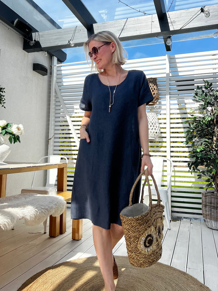 Isabella linen dress, navy