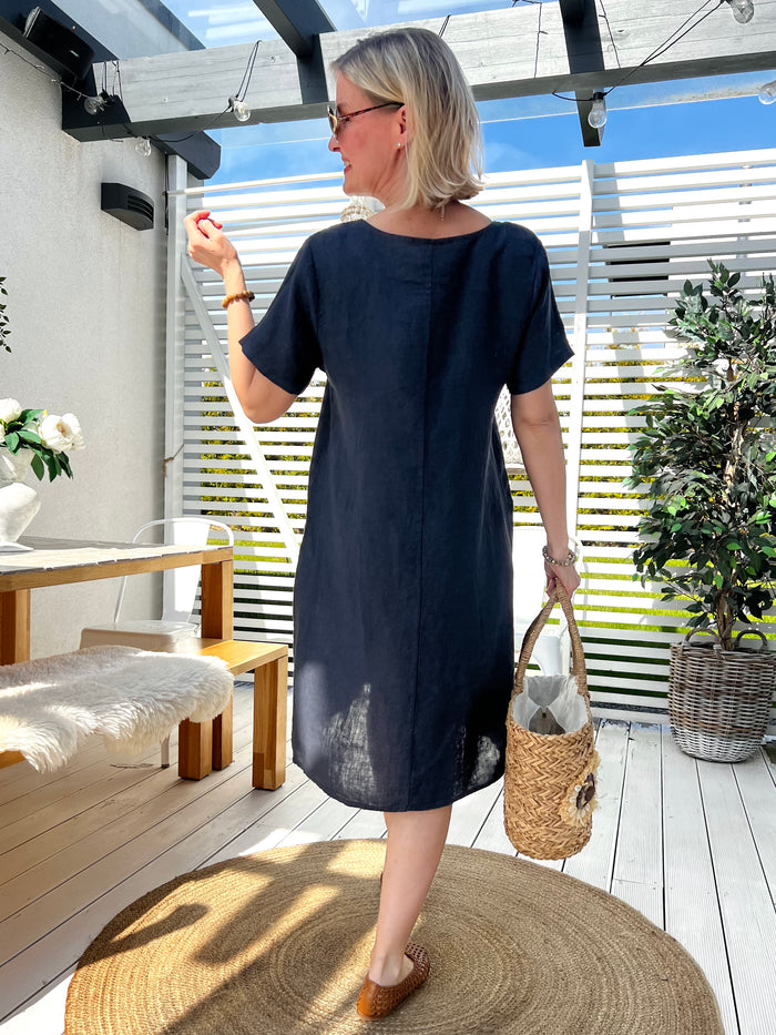 Isabella linen dress, navy