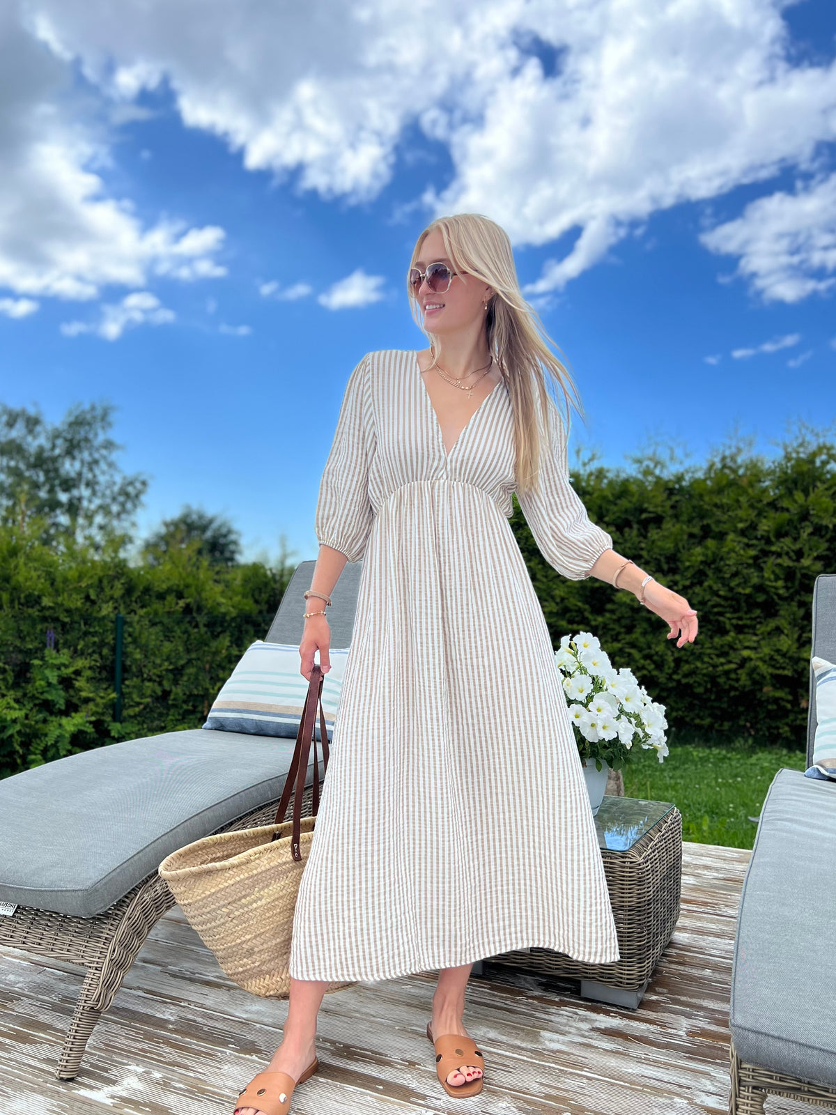 Corfu Stripes maxi dress, beige/white