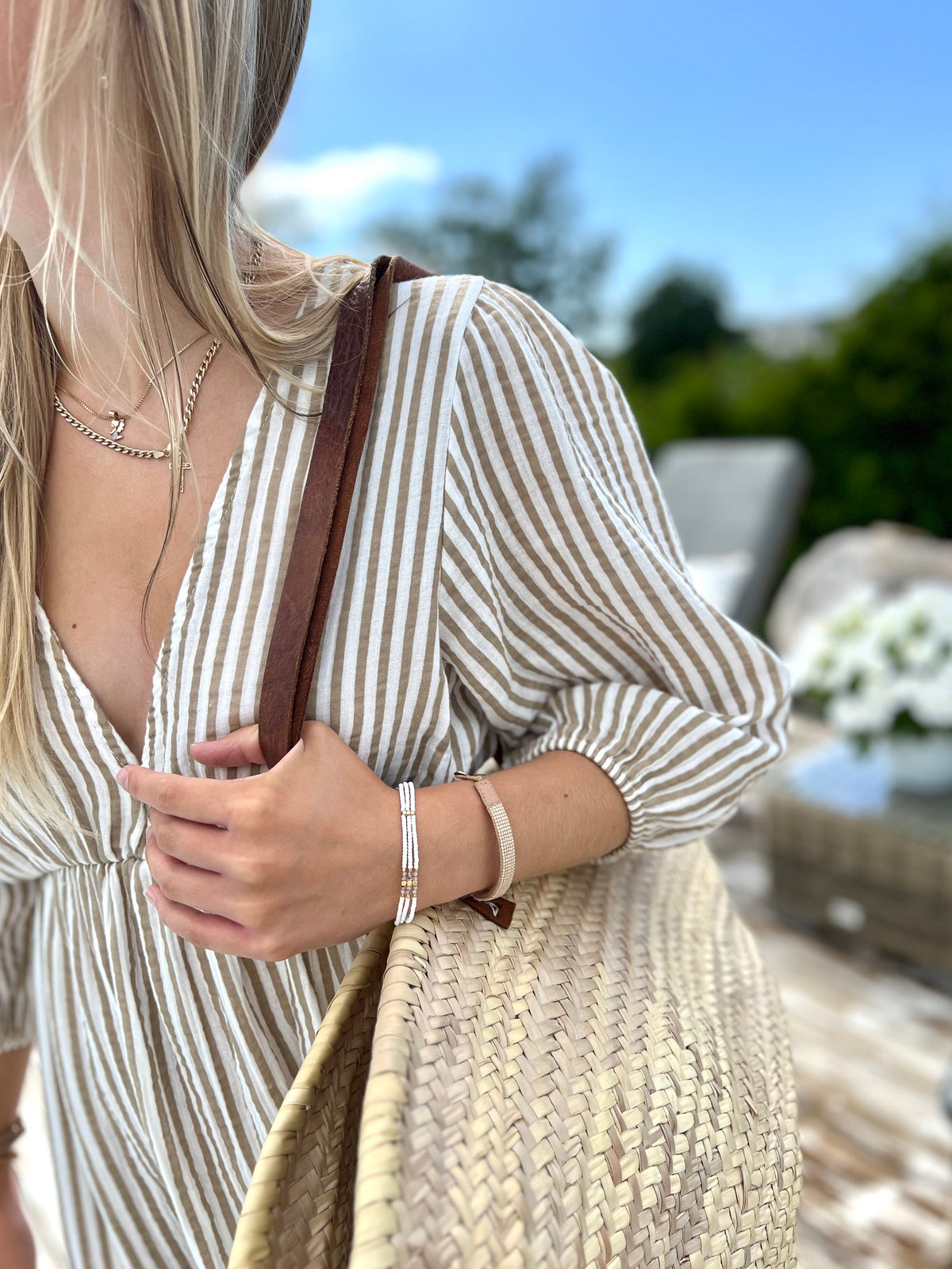 Corfu Stripes maxi dress, beige/white