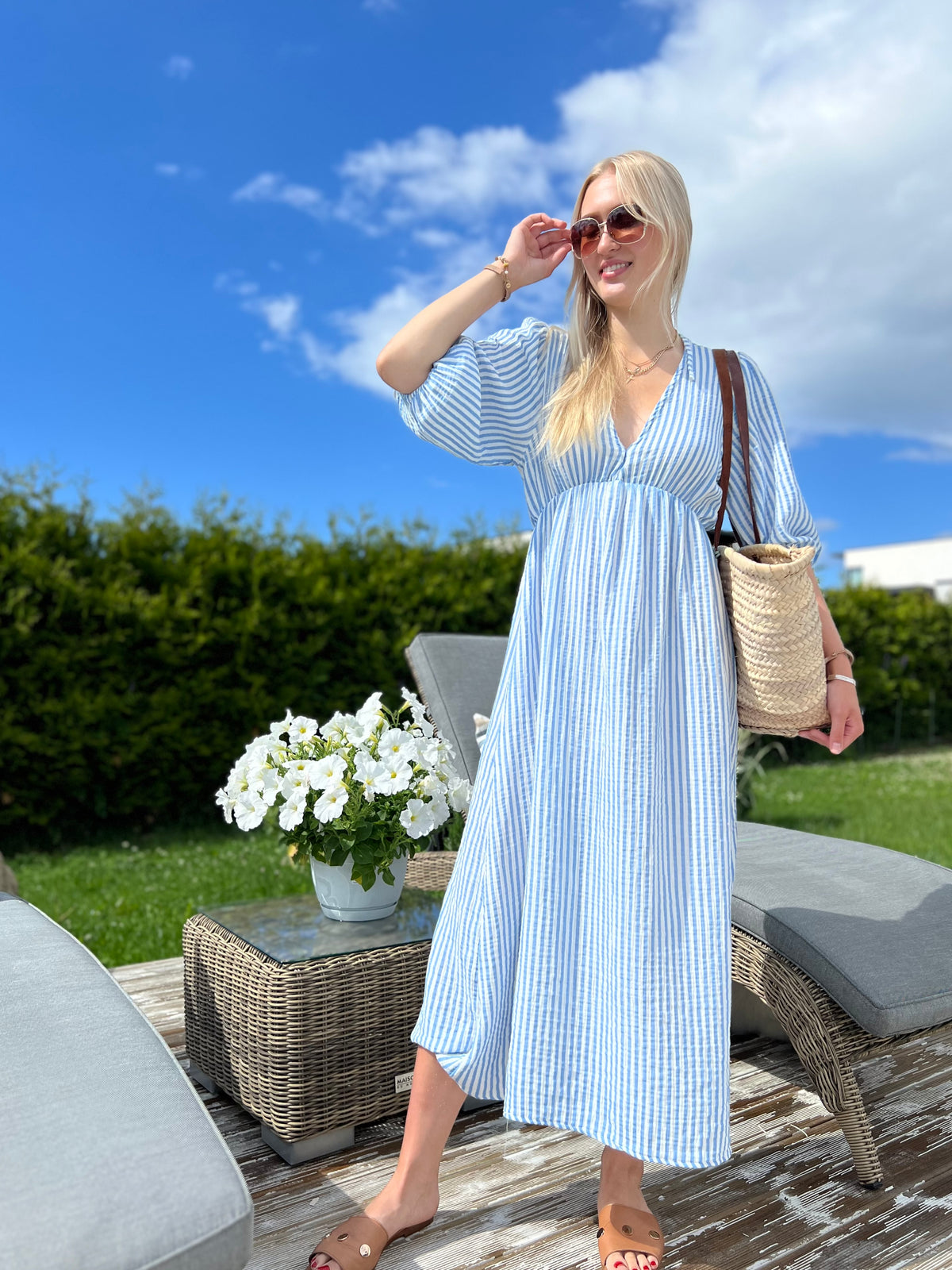 Corfu Stripes maxi dress, blue/white