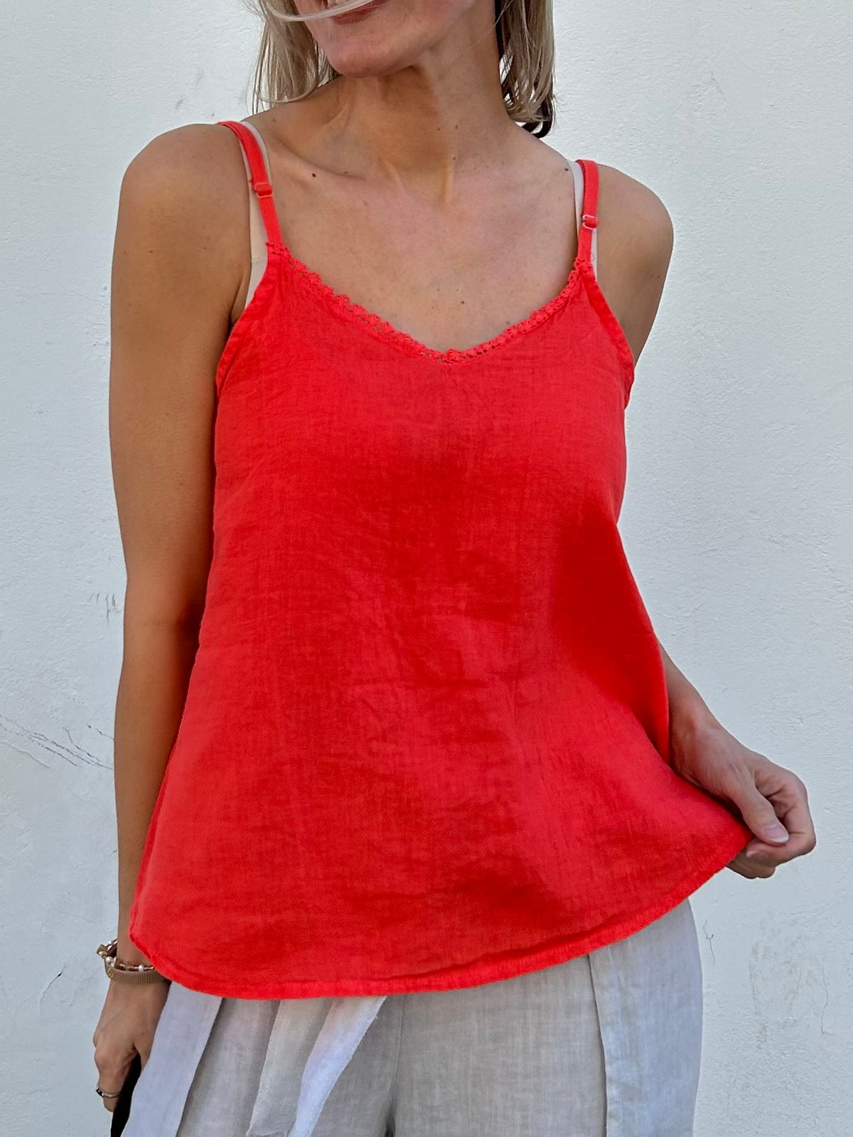 Amalthe linen lace top, coral