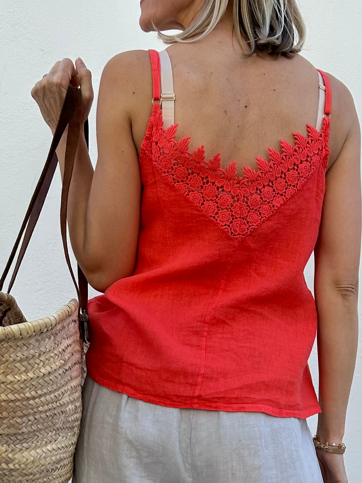 Amalthe linen lace top, coral