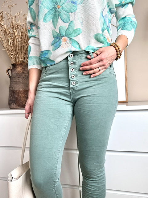 Cotton slim Classic Button jeans, water green