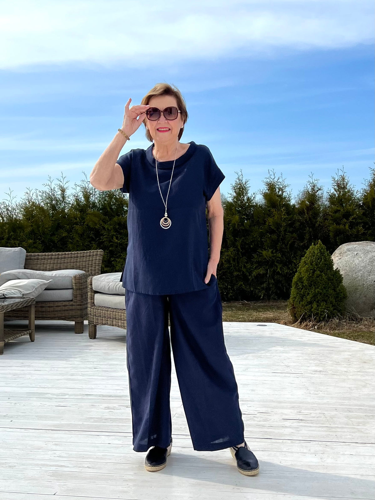 Essentials Folded Neckline Top, Navy