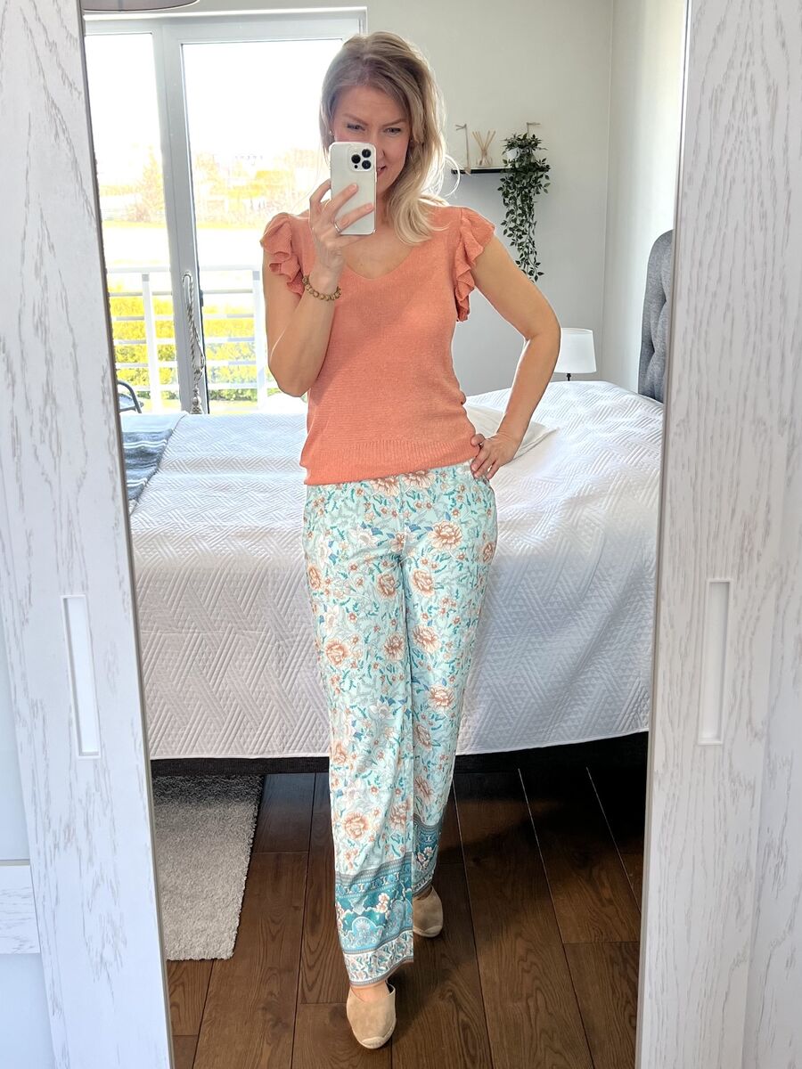 Esqualo Lurex Ruffle Top, Papaya