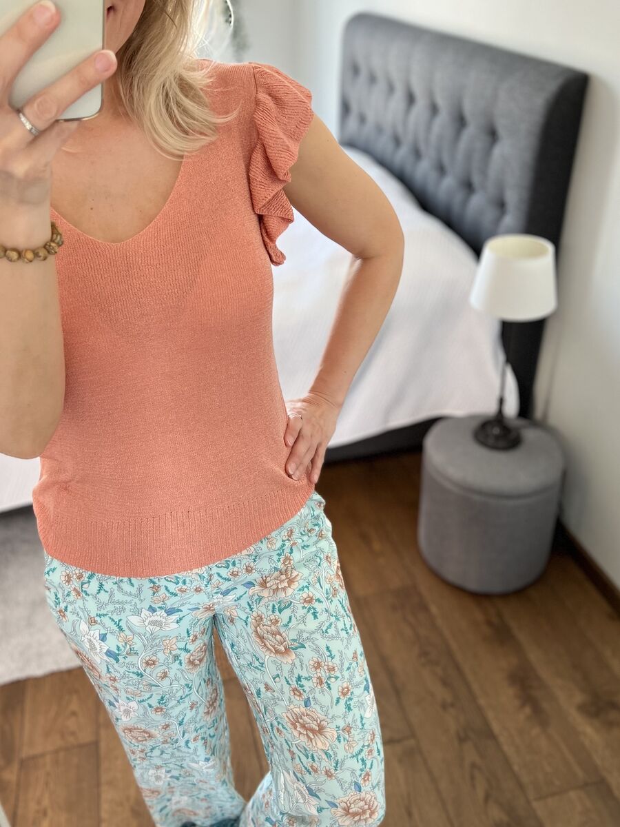 Esqualo Lurex Ruffle Top, Papaya