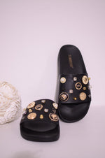 Button sandals, black