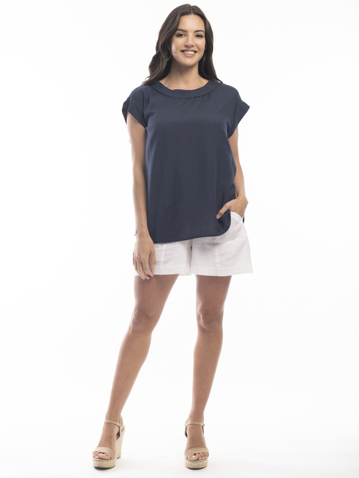 Essentials Folded Neckline Top, Navy